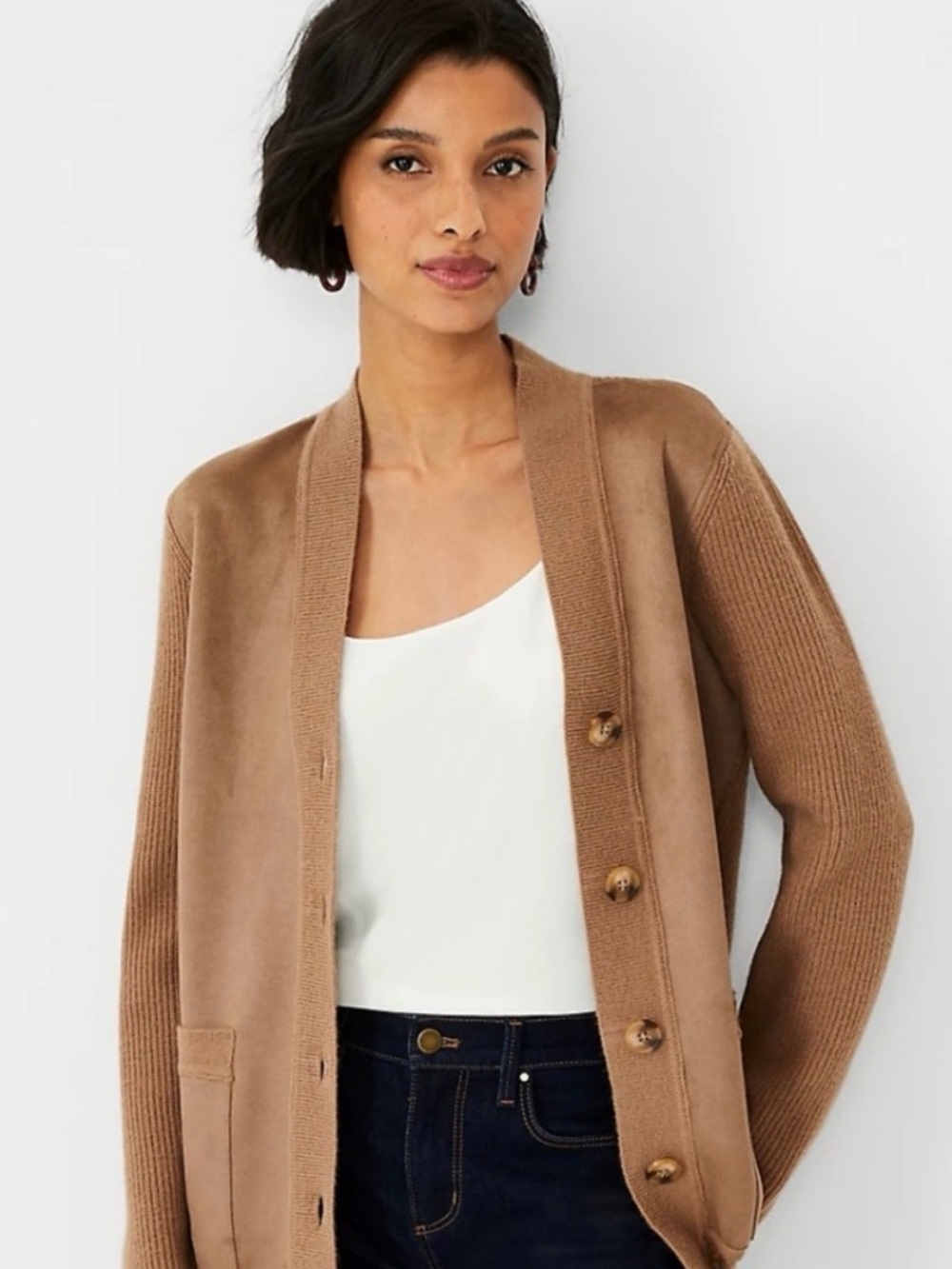 Ann Taylor Faux Suede Mixed Media Boyfriend Cardigan | Brown | Size Small 🍄🟫